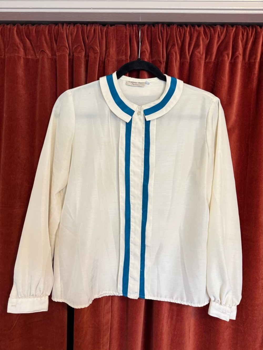 Vintage White Blouse with Teal Trim